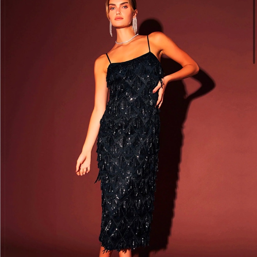 NWT New York & Company Endless Rose Diagonal Sequin Fringe Slip Dress